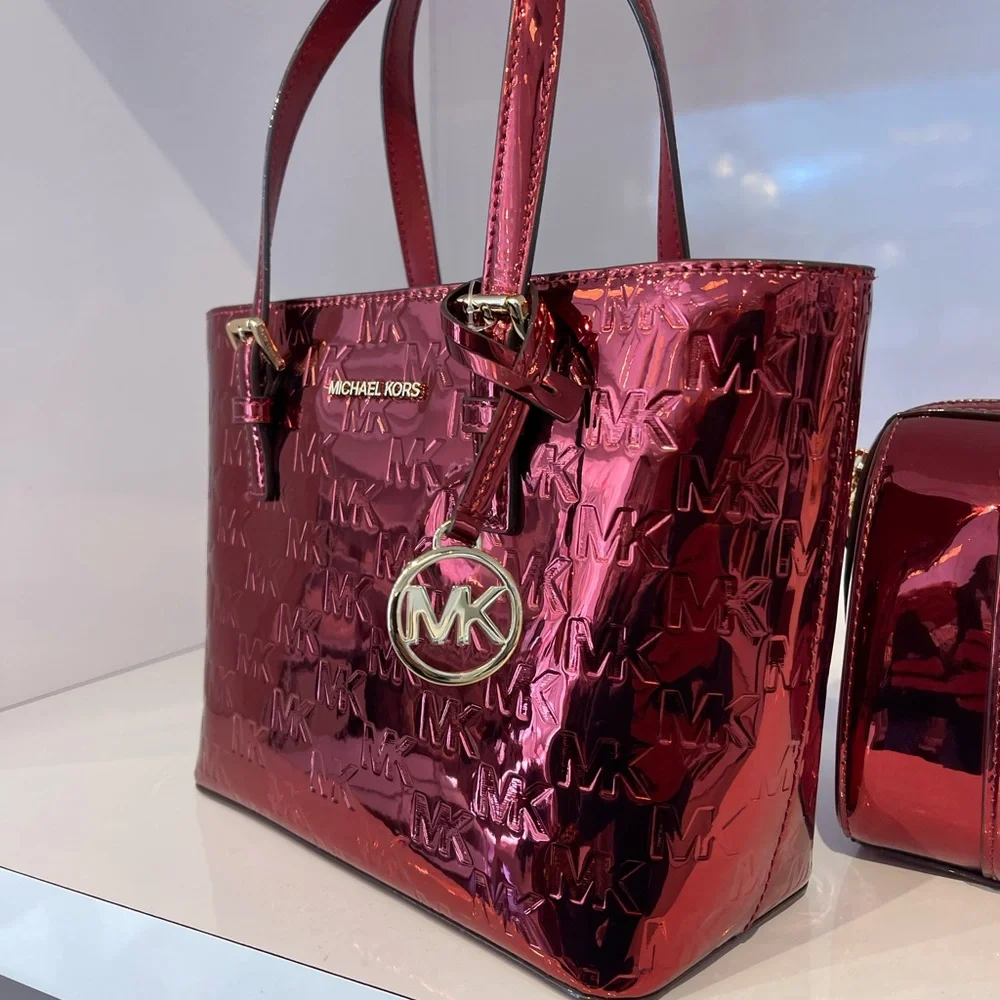 MICHAEL KORS Jet Set Extra-Sm Metallic Logo Debossed Convertible TZ Tote Cherry